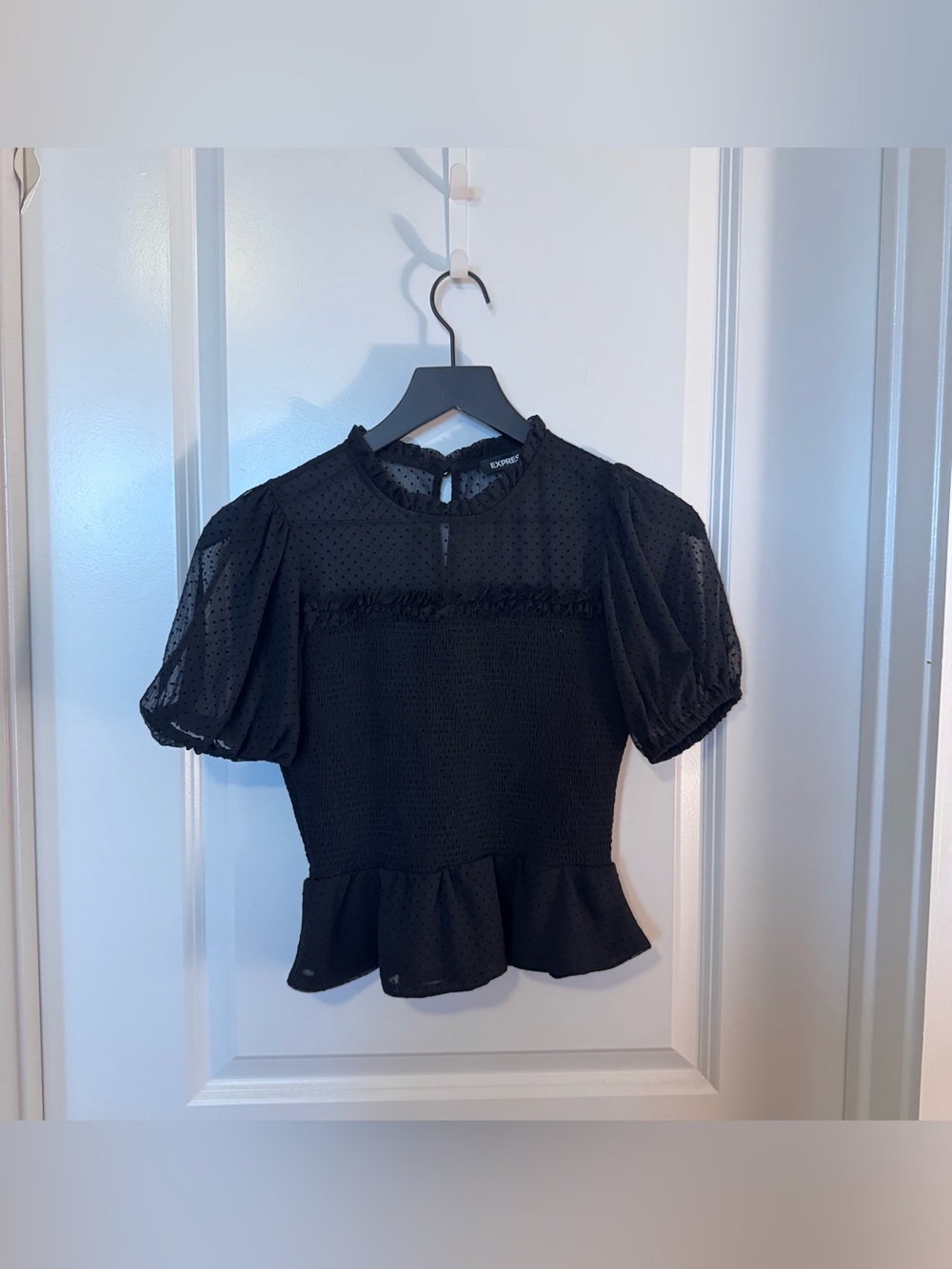 Express XS Black Swiss Dot Smocked Peplum Puff Sleeve Top